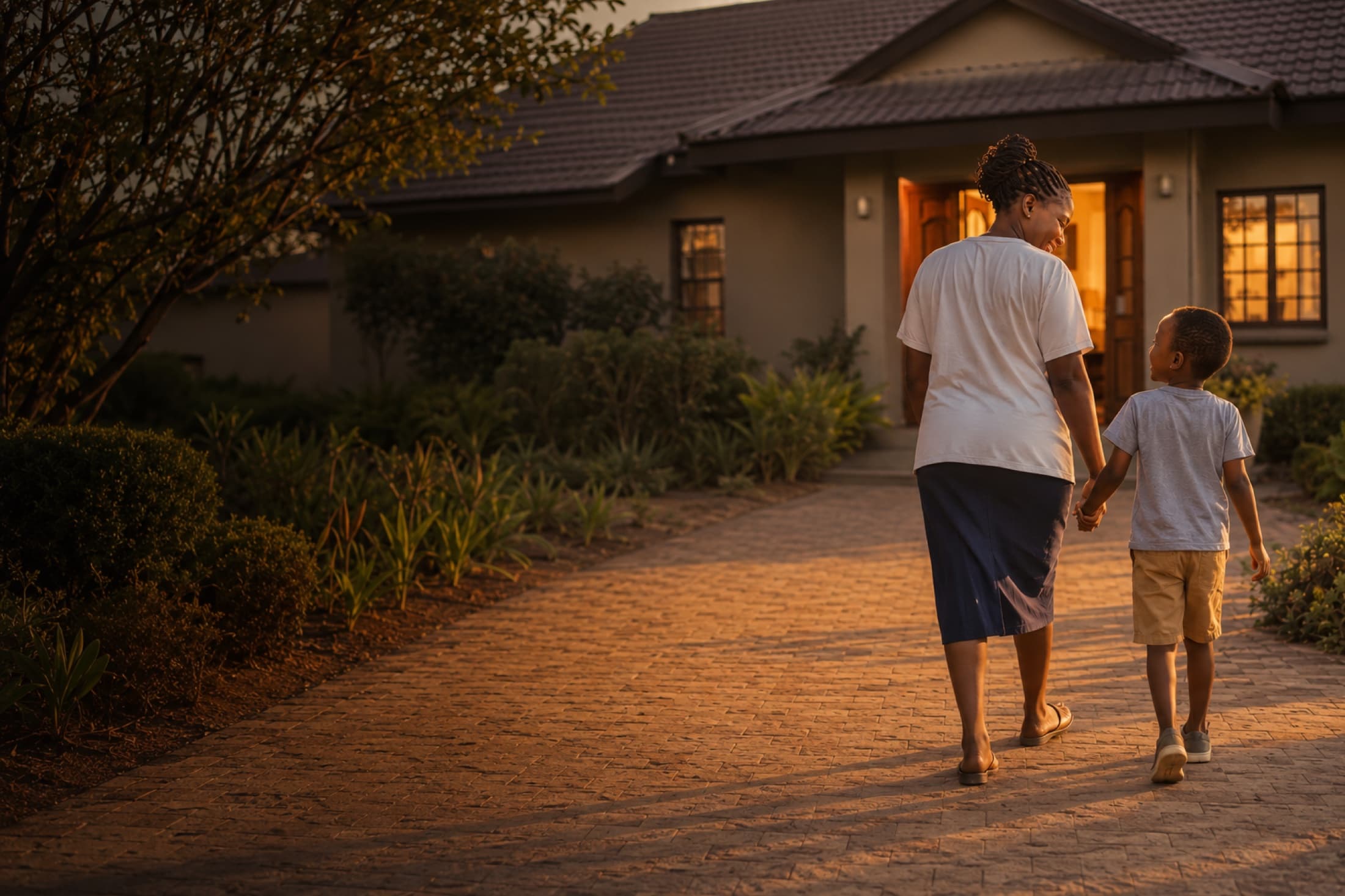 A caregiver and child walking toward a warmly lit family home